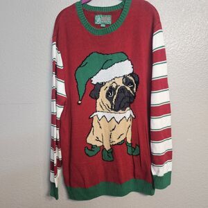 Women’s XXL Ugly Christmas Sweater Pug Santa Hat Red Green Striped Sleeves Z851
